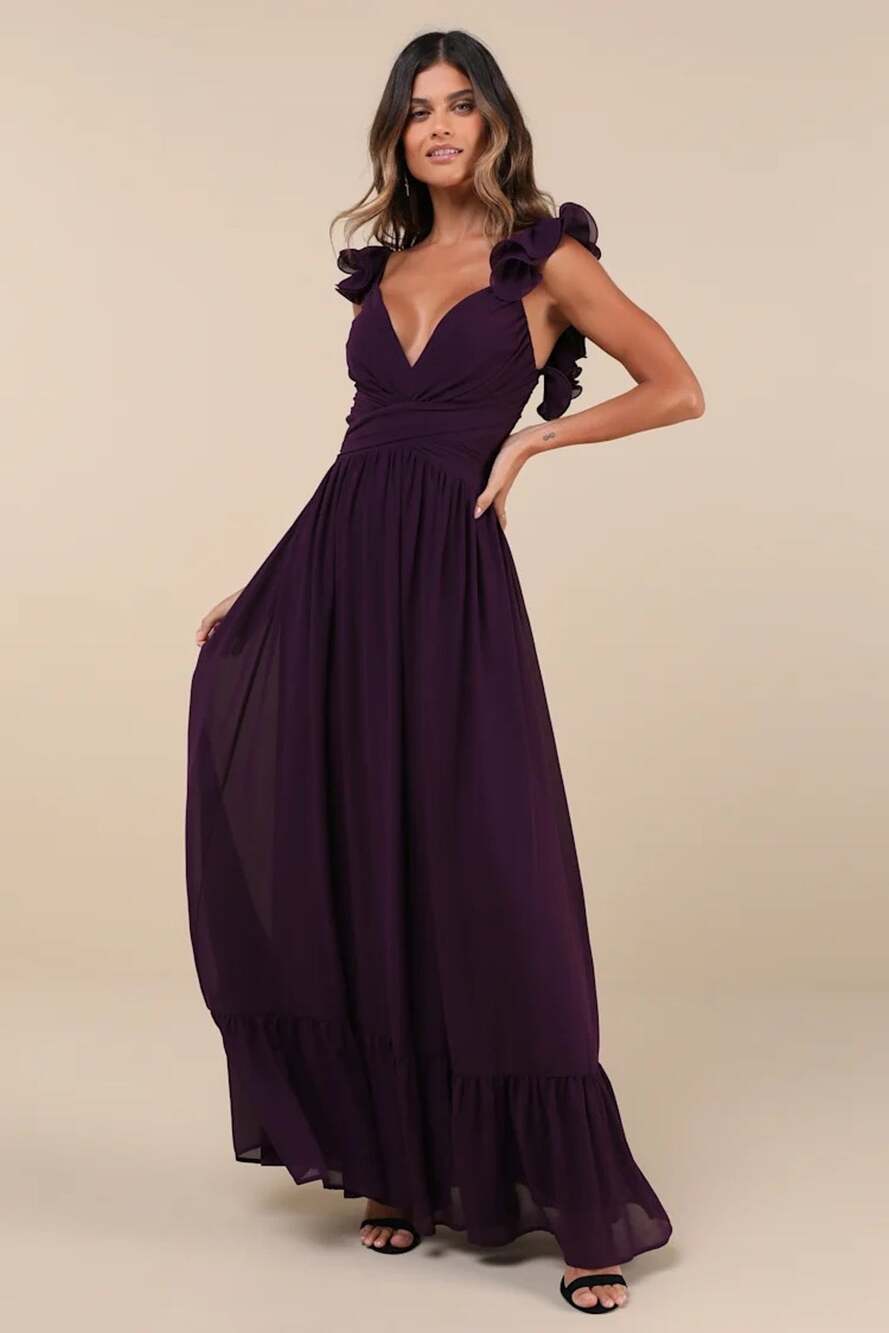 NWT Lulus Soiree Celebration Purple Ruffled Lace-Up Maxi Dress Bridesmaid Sz XS